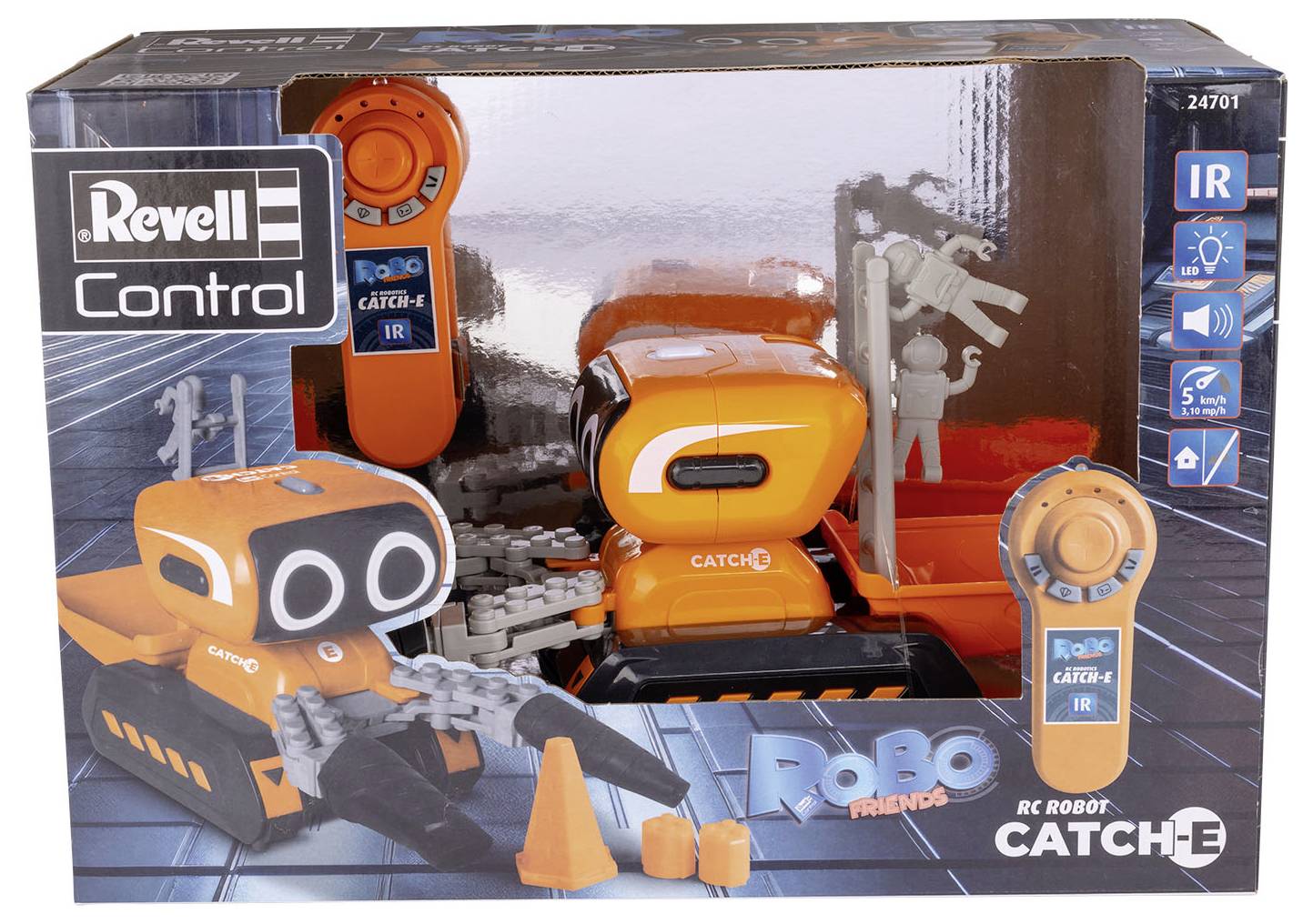 Speelgoed-set 'Revell Control Robo Friends Catch-E' met oranje-zwarte bestuurbare robot en afstandsbediening in verpakking.