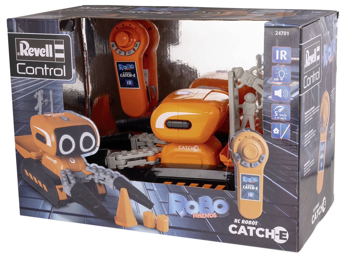 Revell Control Catch-E Robot in oranje met afstandsbediening in doosverpakking. Robo met kettingschakels en speelfiguren getoond.