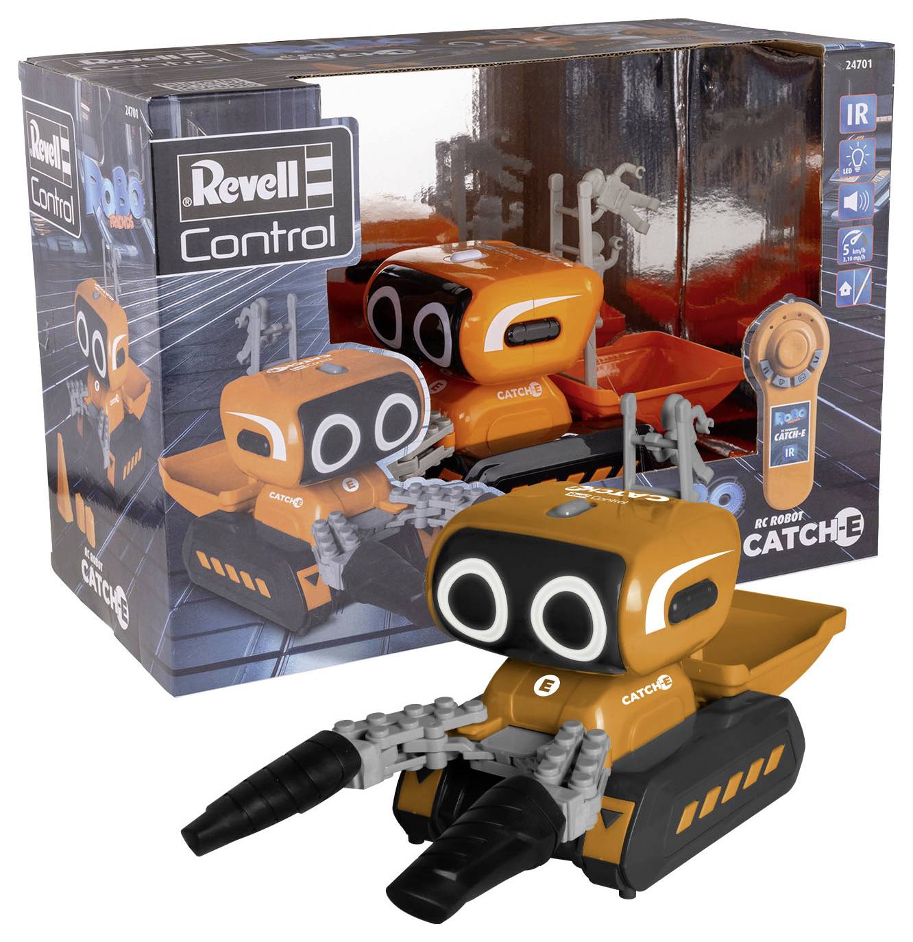 Een verpakking met een oranje speelgoedrobot genaamd 'Catch-E', uitgerust met kettingwielen en grijparmen. De robot is geschikt voor afstandsbediend spel.
