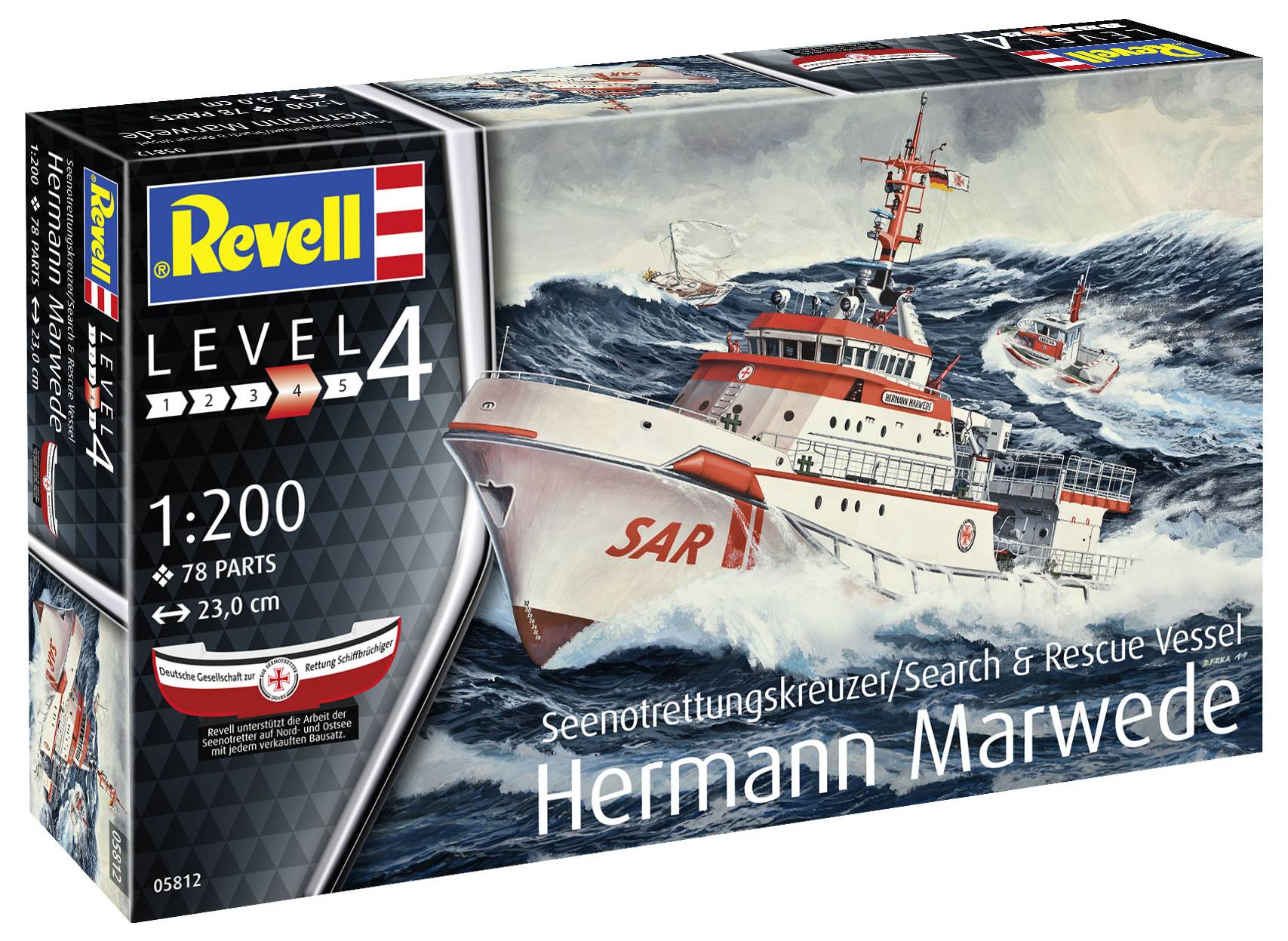 Verpakking van een modelbouwset 'Reddingskruiser Hermann Marwede' van Revell, schaal 1:200, 78 onderdelen, Niveau 4.