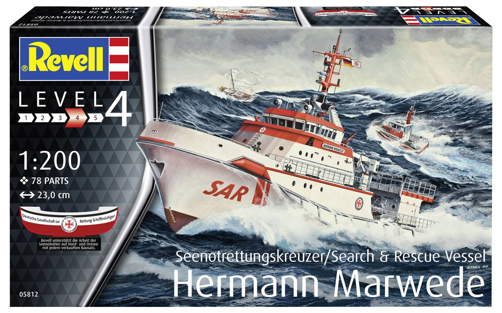 Afbeelding van de verpakking van een modelbouwdoos van Revell voor de reddingskruiser 'Hermann Marwede', met schip in stormachtige zee.