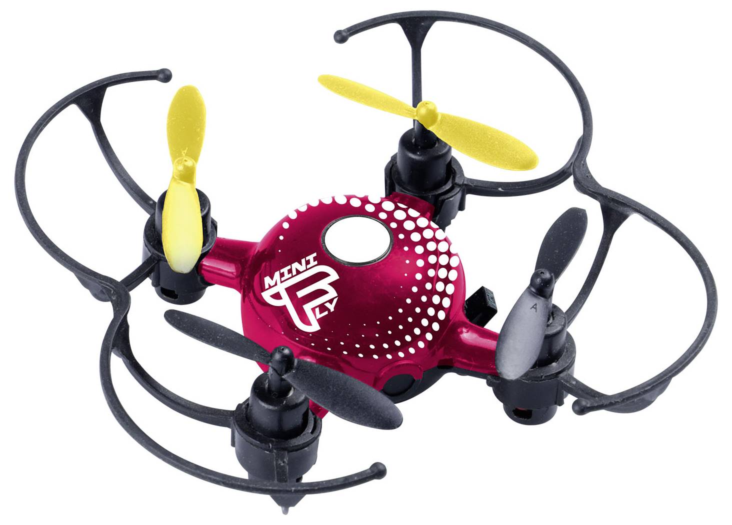 Een kleine, rood-zwarte drone met vier propellers en beschermbeugels. Twee propellers zijn geel. Op de drone staat 'Mini Fly'.