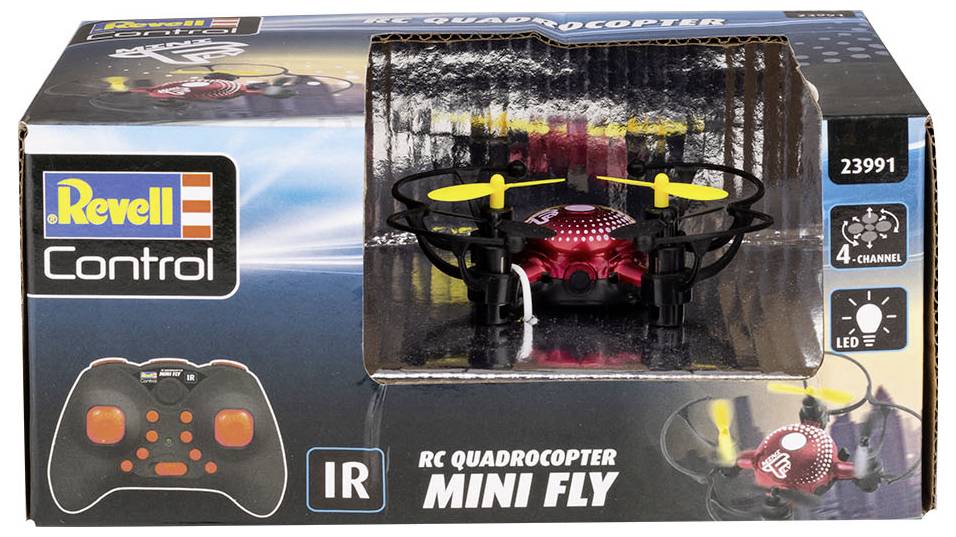 Een verpakking met een bestuurbare mini-quadcopter. Op de voorkant zijn het model, de afstandsbediening en technische specificaties afgebeeld.
