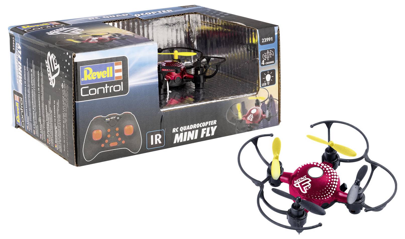 Speelgoeddroon met rood-zwart design en gele rotoren, naast de verpakking die de drone en de controller toont.
