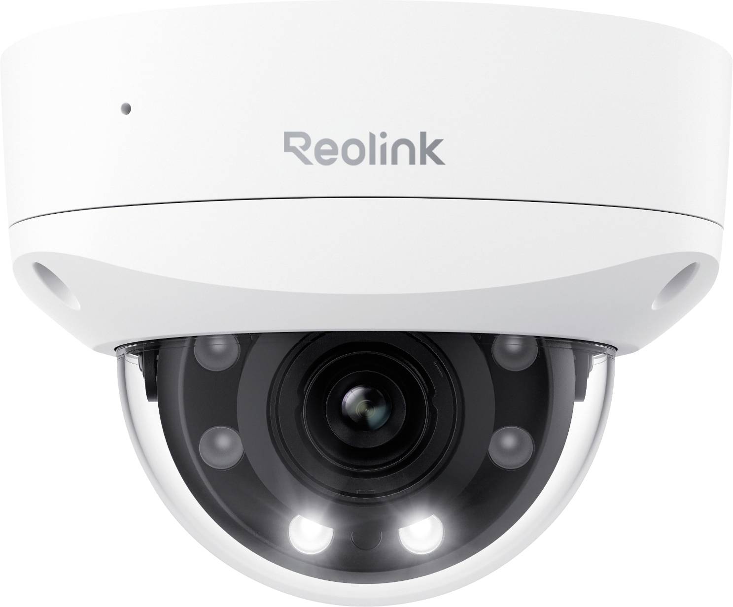 Een witte Reolink dome-beveiligingscamera met een transparante behuizing, waarbij de lens en LED-lampjes zichtbaar zijn, ontworpen voor bewakingsdoeleinden.
