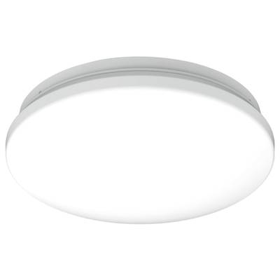 Witte, ronde LED-plafondlamp tegen een witte achtergrond.