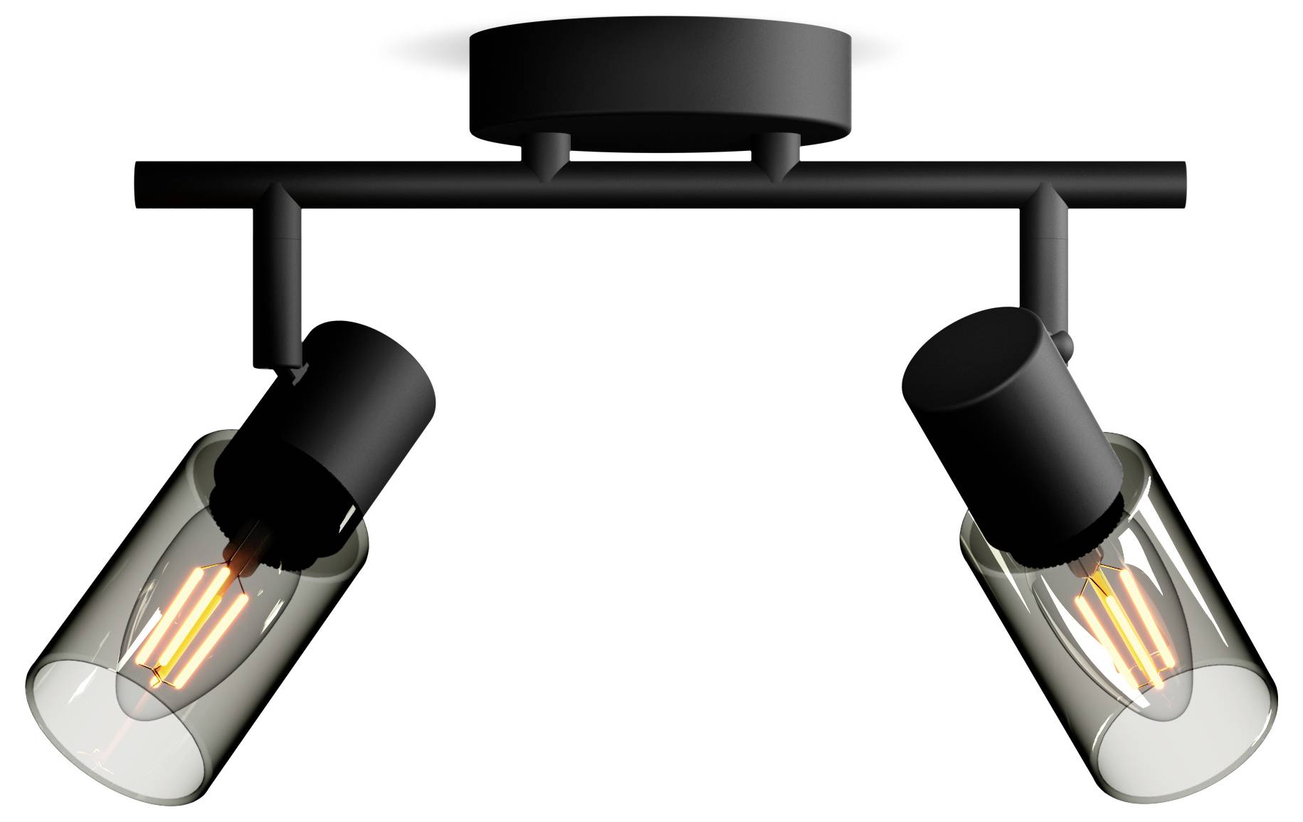 Een plafondlamp met twee zwarte, verstelbare lampen die warm licht uitstralen. Ideaal voor gericht ruimtelicht.