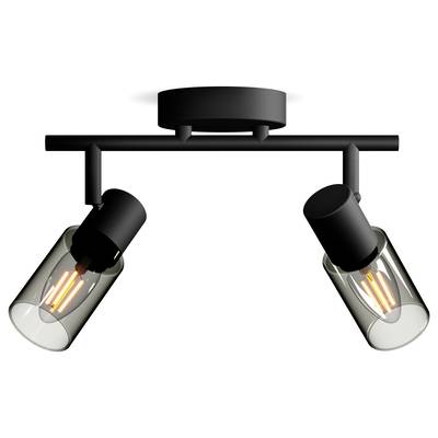 Een plafondlamp met twee zwarte, verstelbare lampen die warm licht uitstralen. Ideaal voor gericht ruimtelicht.