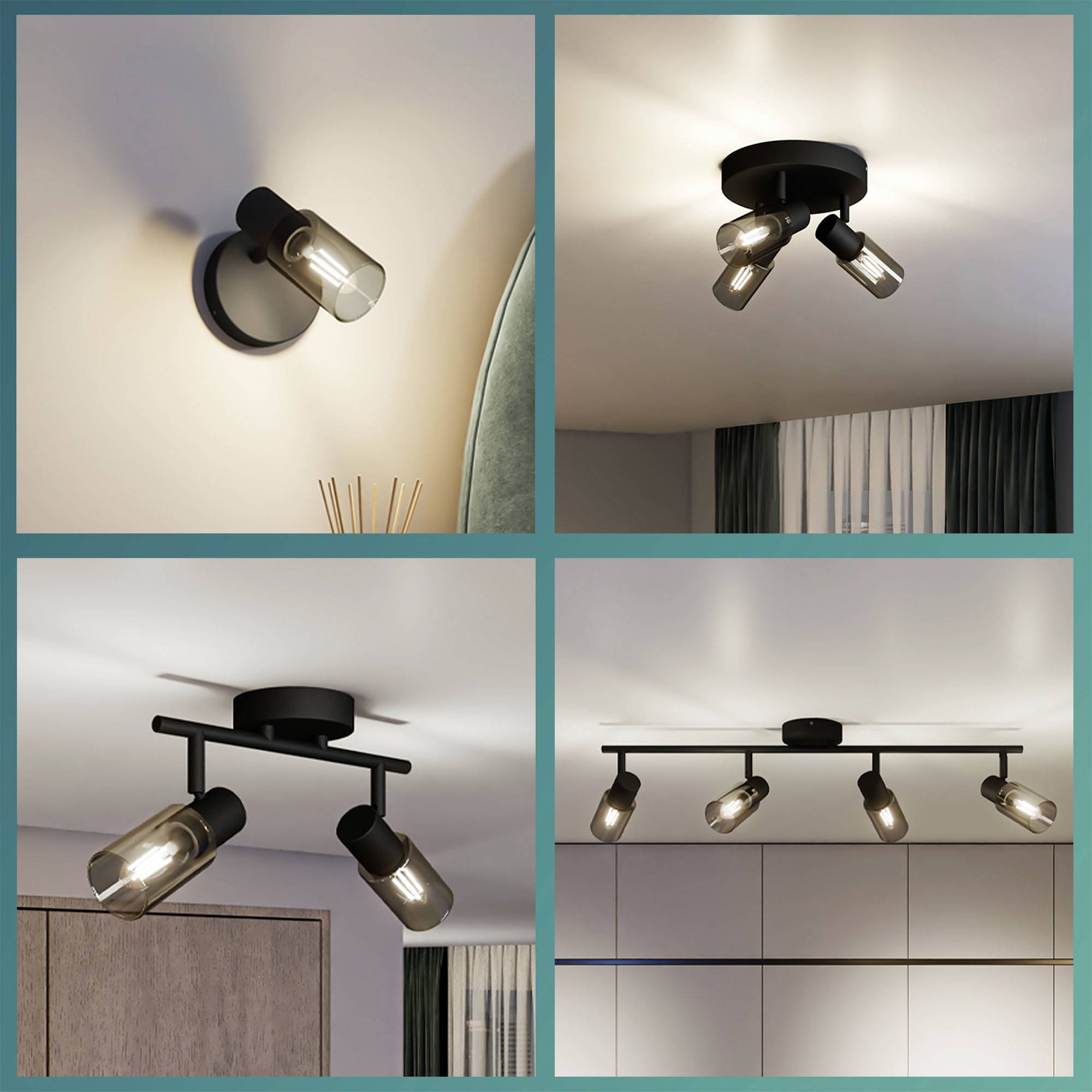 Vier moderne wand- en plafondlampen met zwarte metalen armaturen en heldere gloeilampen, die verschillende verlichtingsstijlen demonstreren.