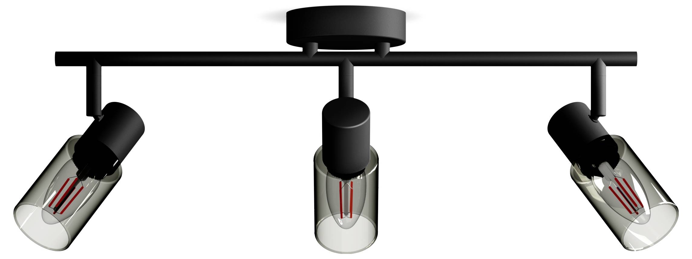 Zwarte plafondlamp met drie verstelbare spots. Geschikt voor moderne ruimteverlichting.