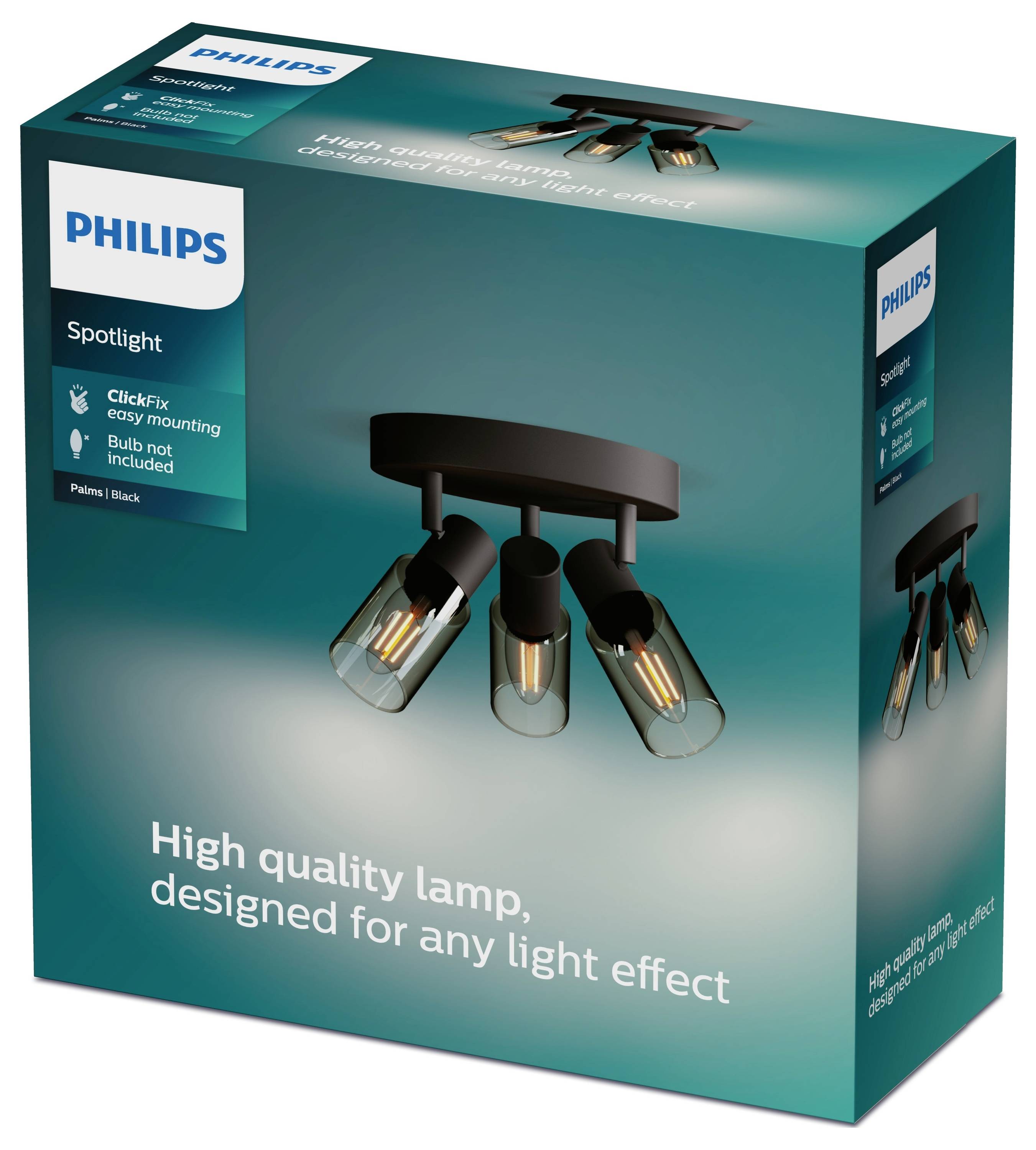 Verpakking voor een Philips plafondspot met drie lampen, bijpassende fittingen in het zwart. Opdruk: 'Hoge kwaliteit, voor elk lichteffect.'