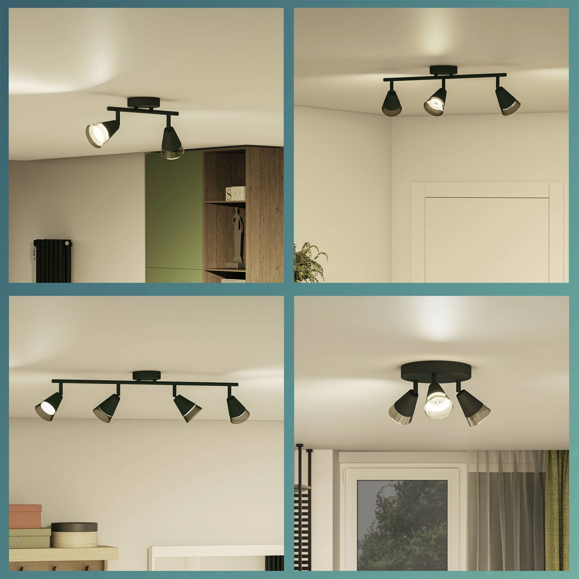 Vier plafondlampontwerpen: twee- en vierlichtmodellen in het zwart. Geschikt voor moderne interieurs met hout- en groene accenten.