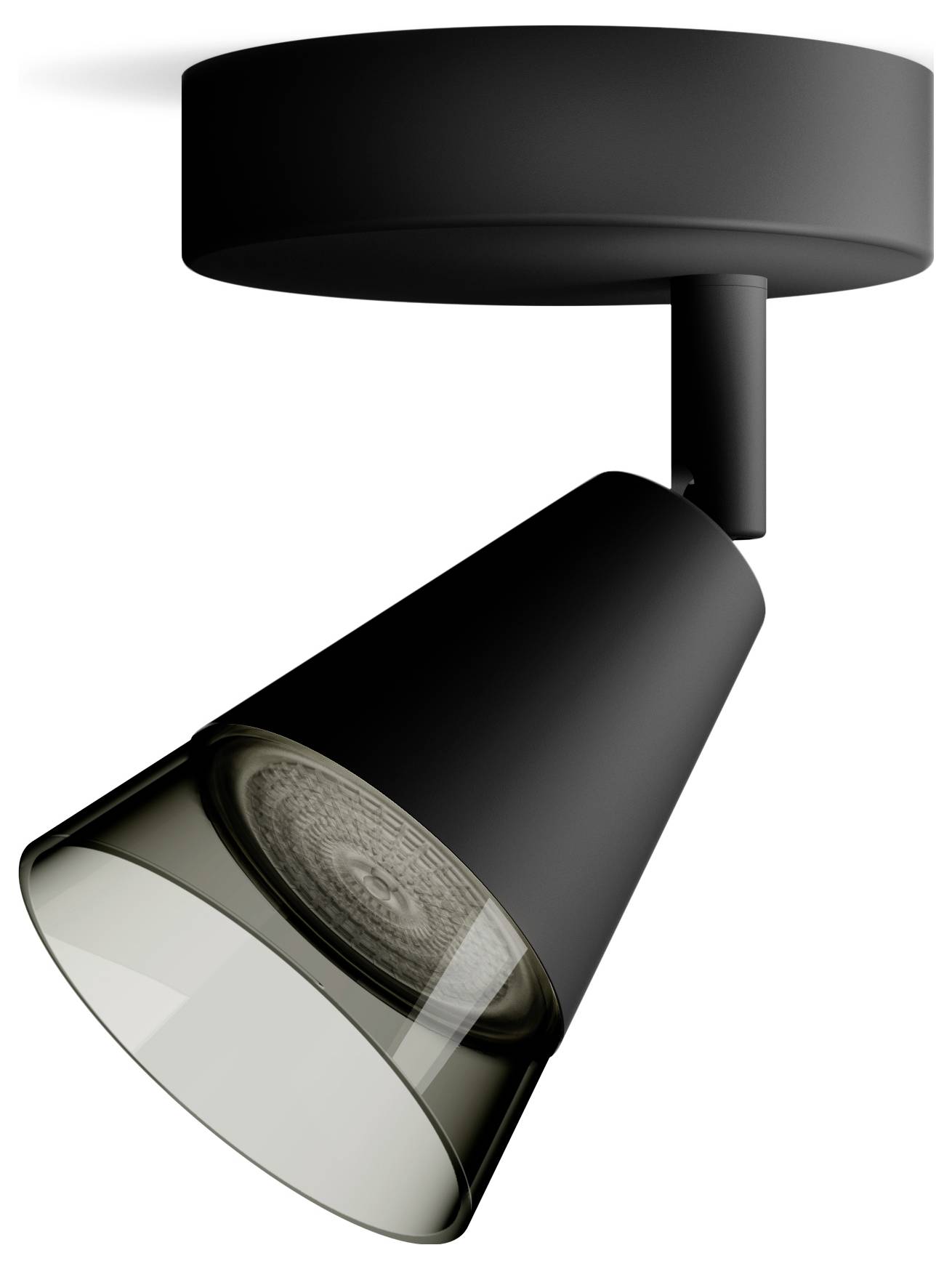 Zwarte plafondlamp met verstelbare stralingsrichting naar beneden. Ideaal voor gerichte verlichting in binnenruimtes.