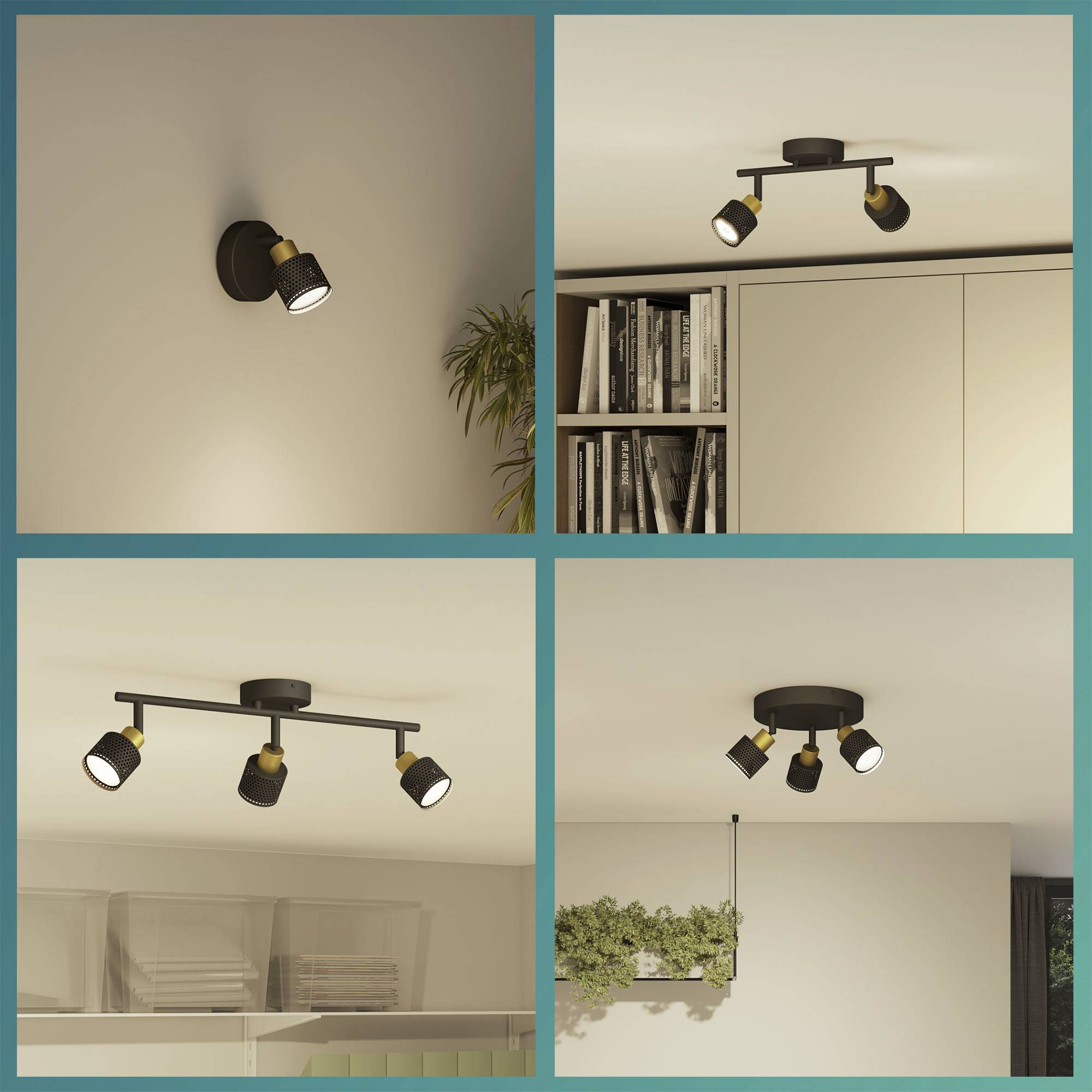 Vier verschillende plafondverlichting-ontwerpen in één ruimte, elk met een andere configuratie en aantal spots.