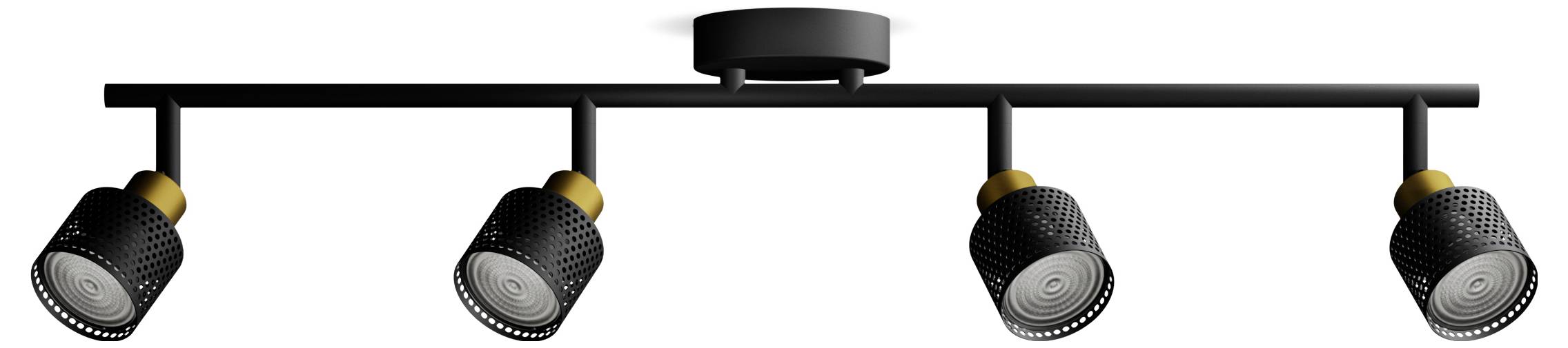 Zwarte plafondlamp met vier verstelbare, cilindrische spots met gouden accenten. Ideaal voor gerichte verlichting.