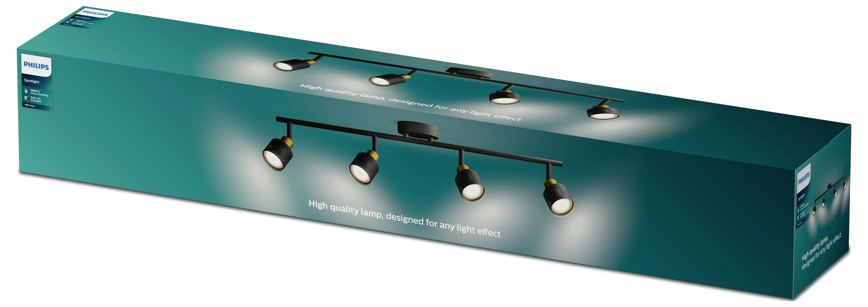 Verpakking van een Philips plafondlamp met vier verstelbare spots, zwart design. Geschikt voor veelzijdige lichtaccenten.