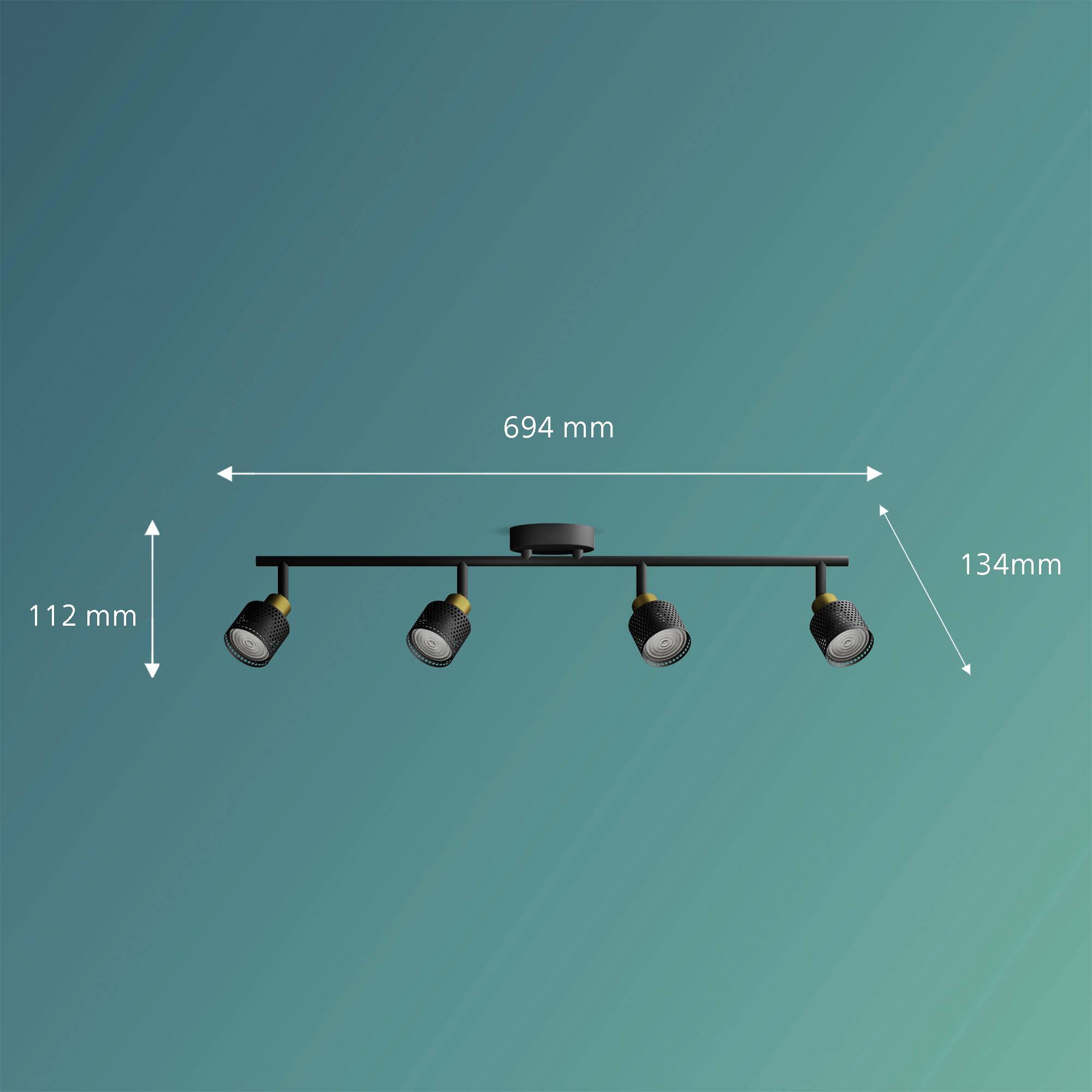 De schijnwerper bestaat uit vier zwarte stralende elementen op een 694 mm lange rail. De totale afmeting bedraagt 112 mm x 134 mm.