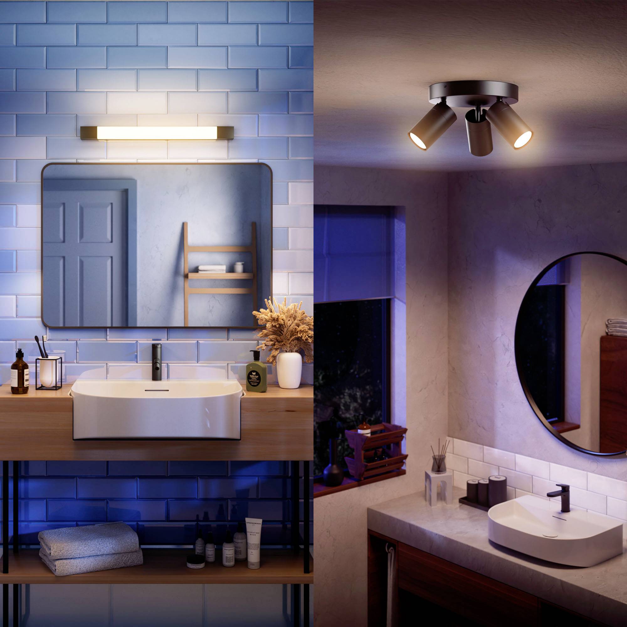 Een badkamer met een blauw betegelde muur en een verlichte spiegel links; rechts een badkamer met een ronde lamp en spiegel.