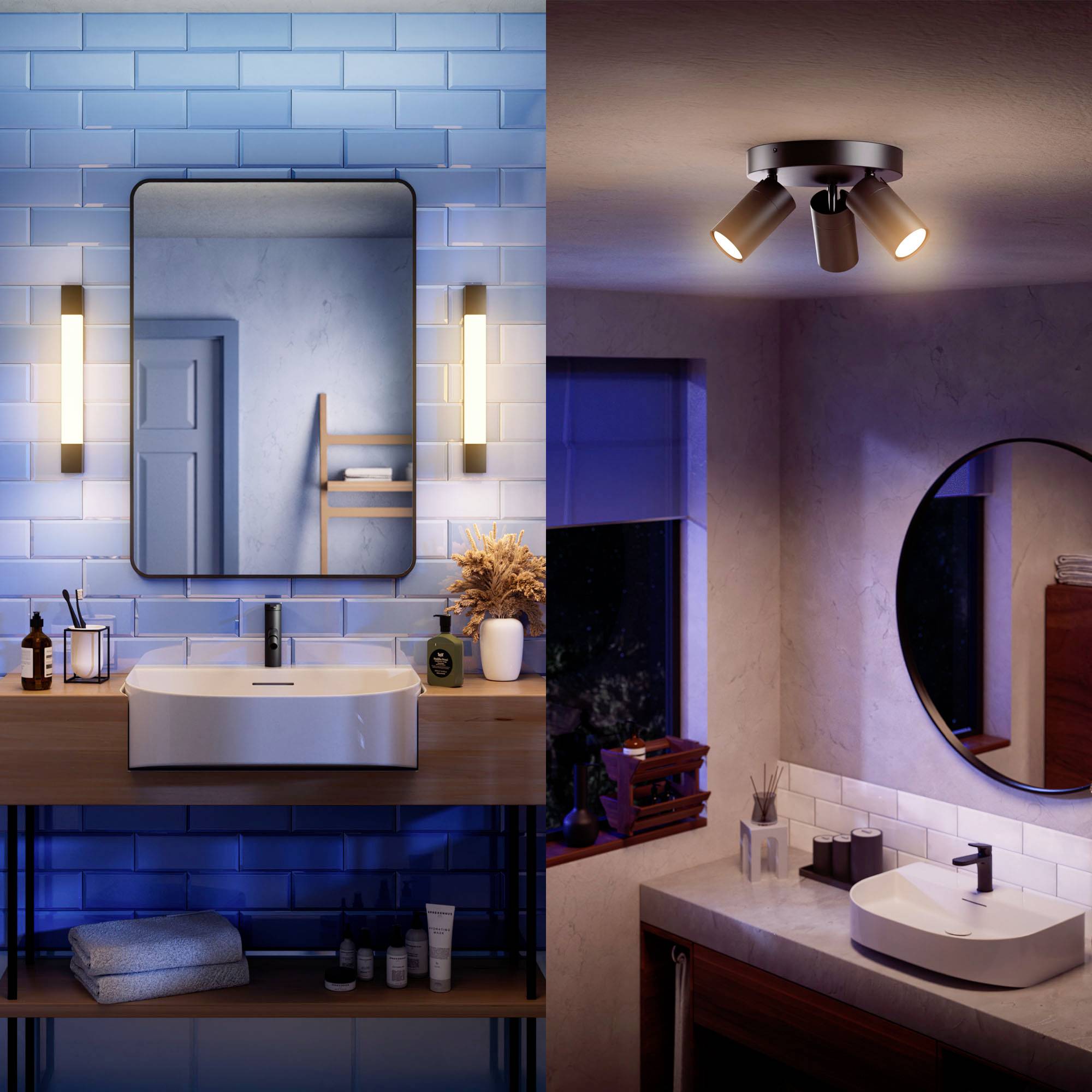 'Twee moderne badkamers met verlichting. Links: rechthoekige spiegel met wastafel, blauwe wandtegels. Rechts: rond wastafel, wandlamp.'