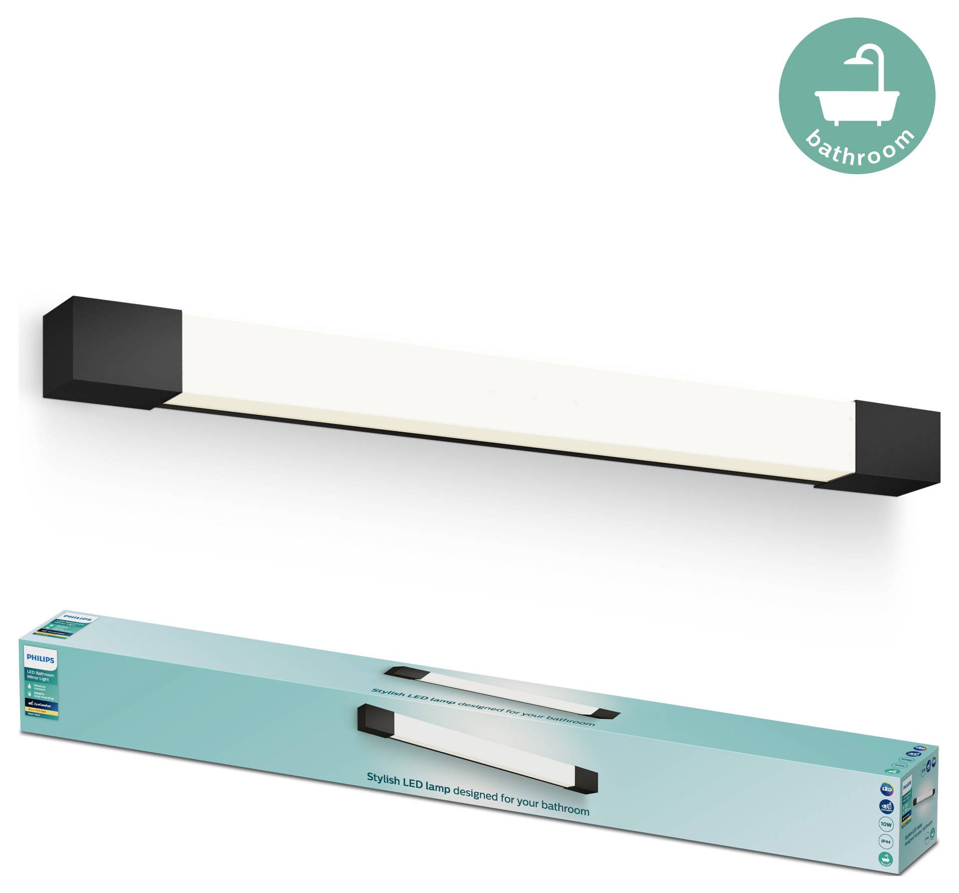 Galerij-afbeelding van een stijlvolle LED-badverlichting met zwart en wit design, gemonteerd boven de productverpakking.