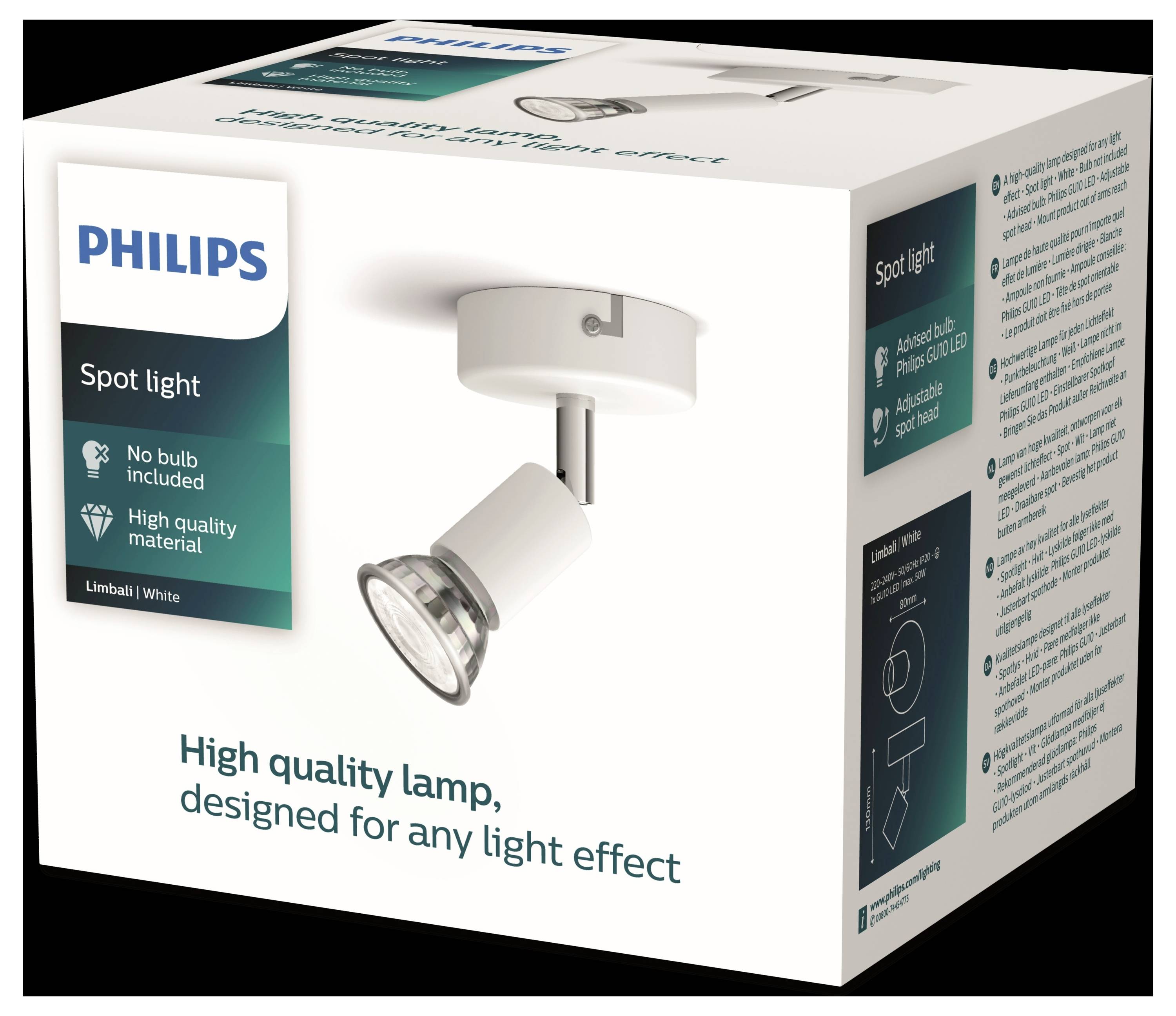 Verpakking van een Philips-spotlamp. Opschrift: 'Hoogwaardige lamp, geschikt voor elk lichteffect'. Geen gloeilamp inbegrepen.