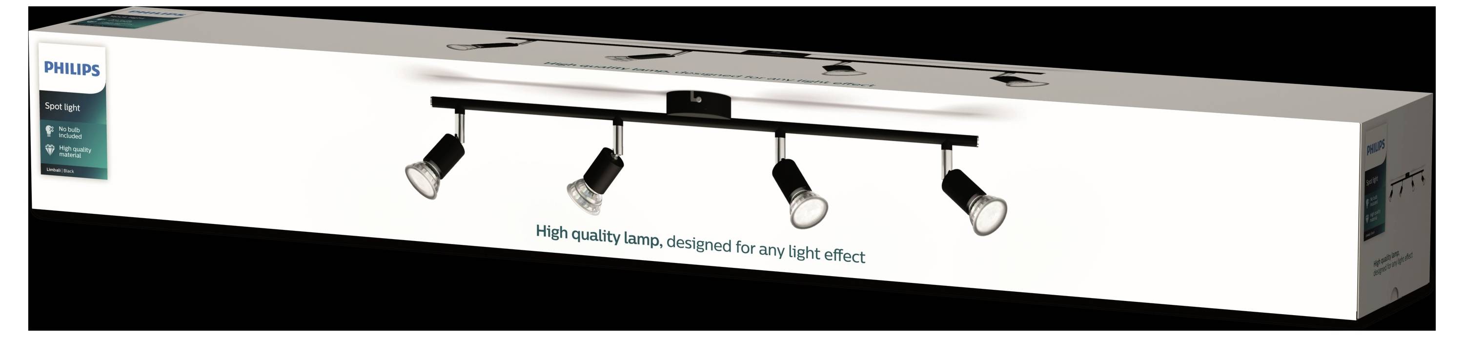 Doos met een Philips LED-lamp die vier verstelbare spots toont. Tekst: 'Hoogwaardige lamp, ontworpen voor elk stijleffect'.