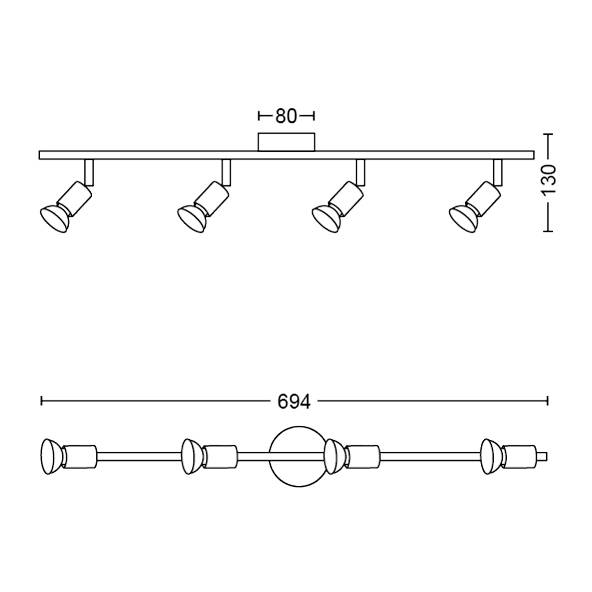 Diagram van een plafondlamp met vier draaibare spots. Afmetingen: Lengte 694 mm, breedte 80 mm, hoogte 130 mm.