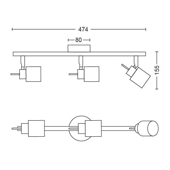 Tekening van een plafondlamp met drie onderdelen met afmetingen: breedte 474 mm, hoogte 155 mm, afstand tussen de lichten 80 mm.