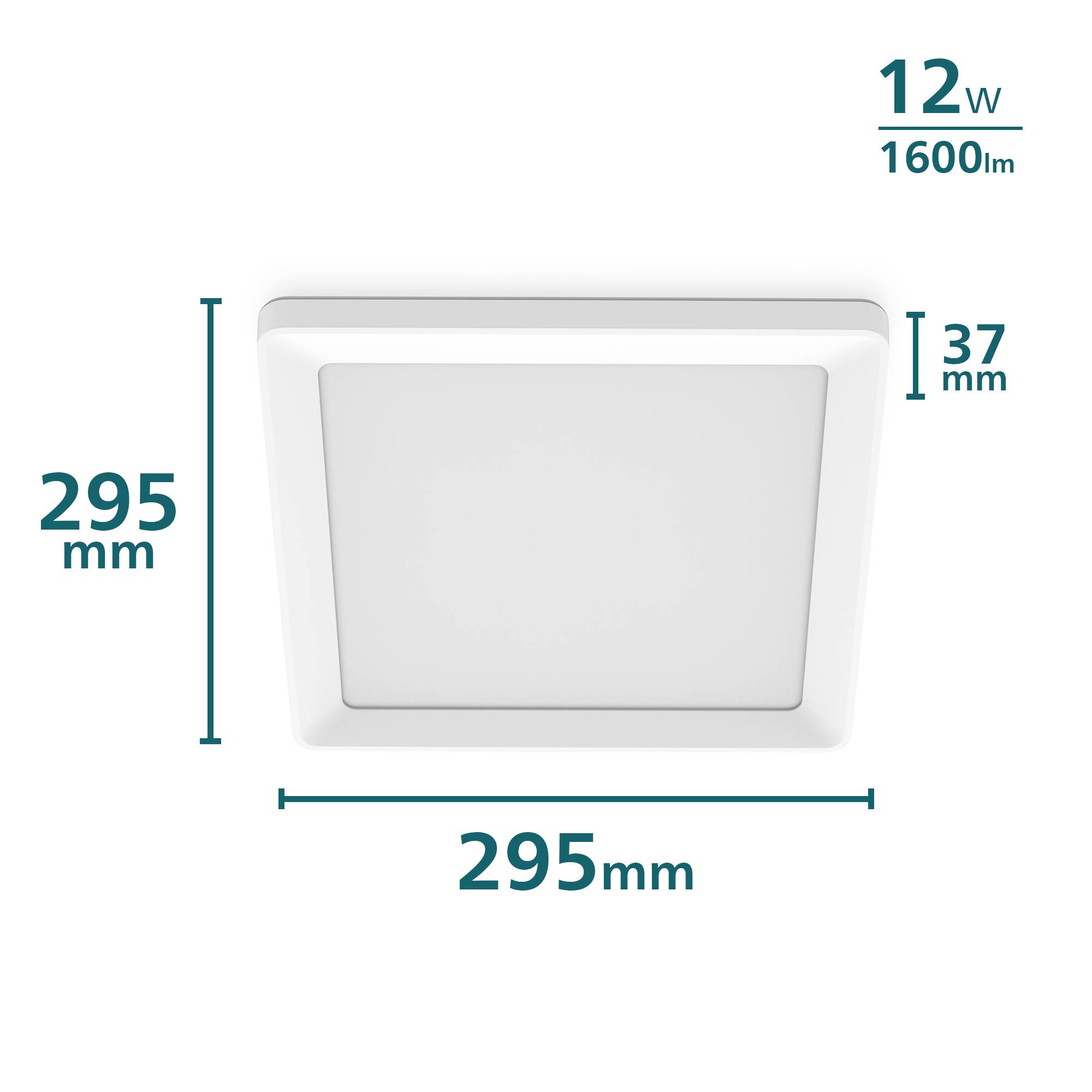 Vierkante LED-armatuur: 295x295mm; hoogte: 37mm; lichtsterkte: 1600 lumen; vermogen: 12 watt.