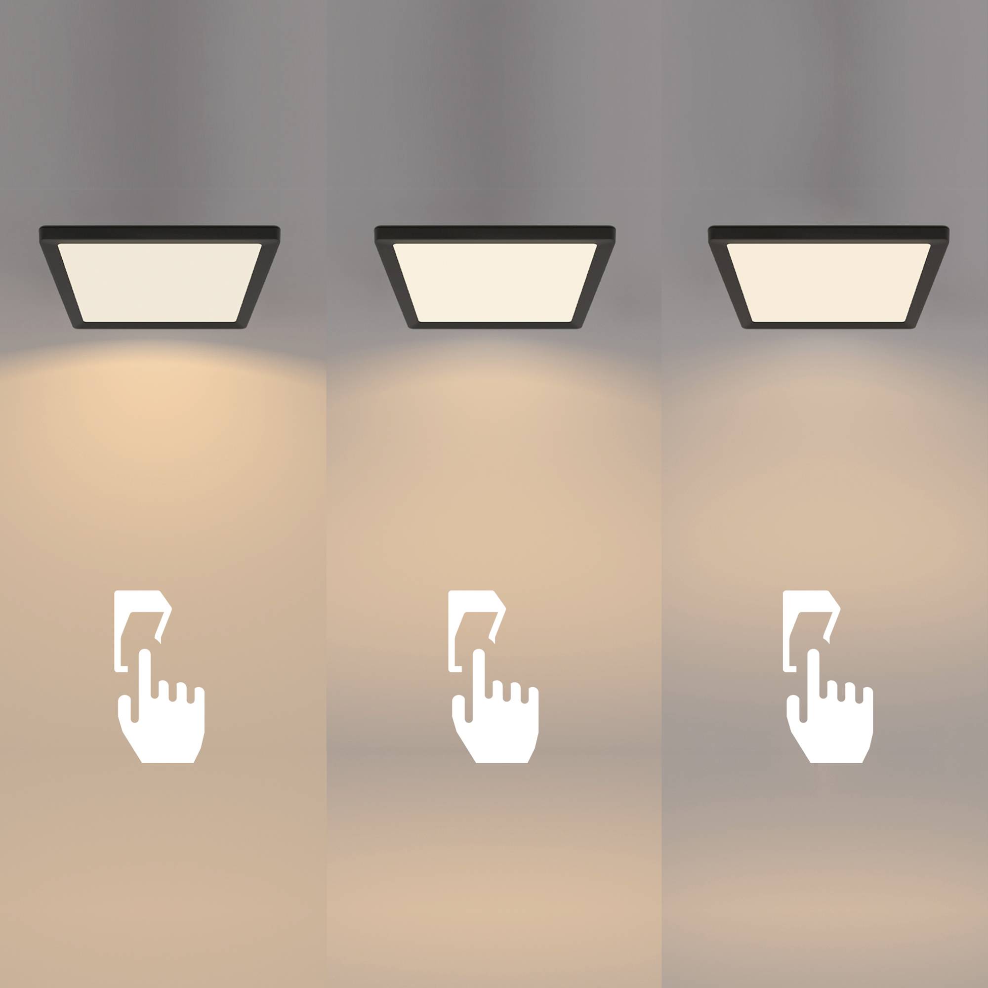 Drie vierkante LED-lampen met aanraaksensorsymbolen eronder; lichtkleur verandert bij aanraking van warmwit naar koelwit.