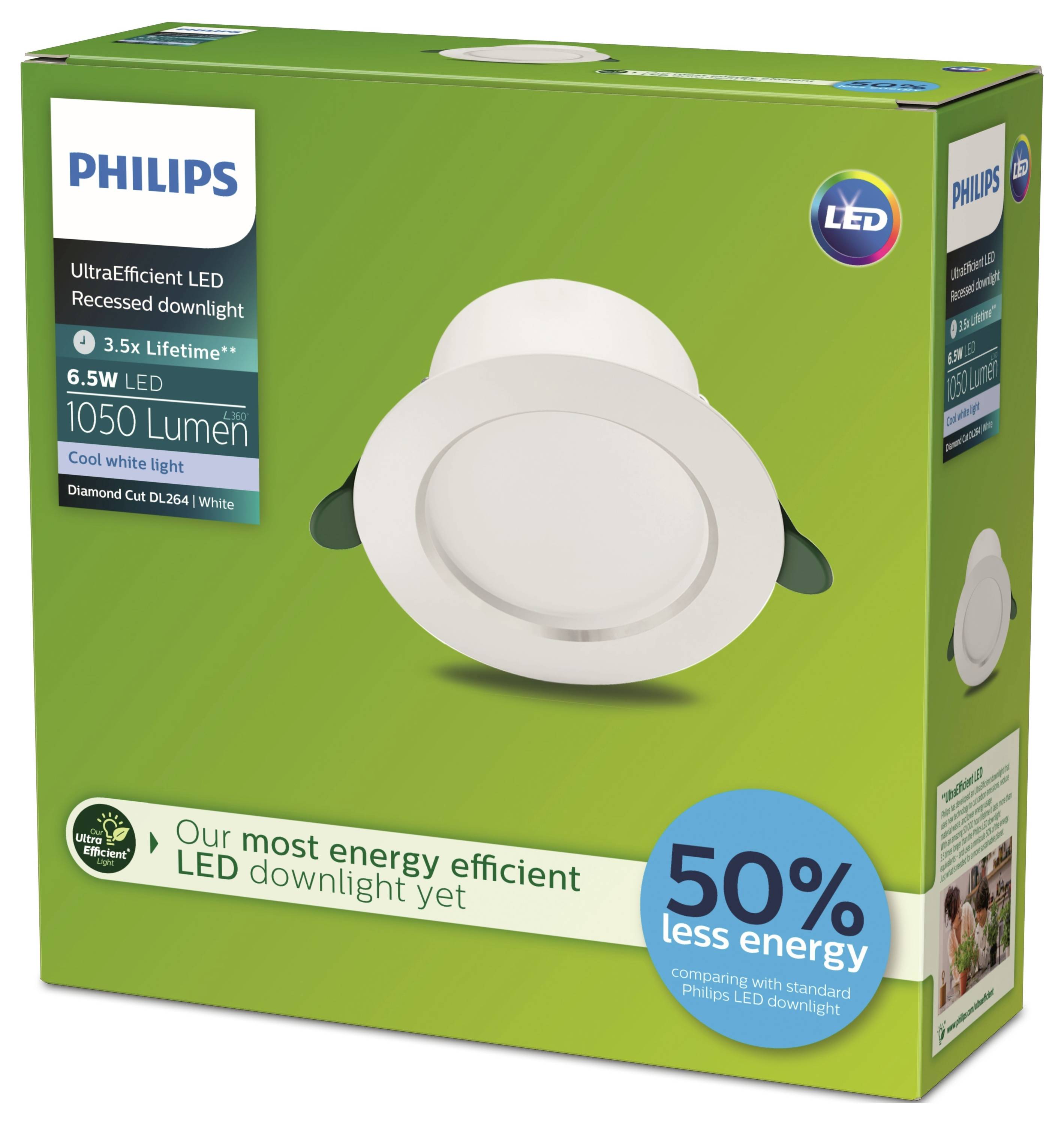 Verpakking van een Philips LED-inbouwspot. Tekst: 'UltraEfficiënt', '50% minder energie', 'Levensduur 3,5x'. Groene achtergrond.