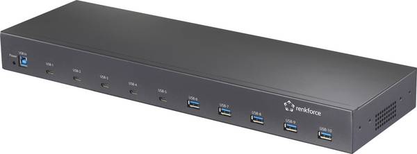 Renkforce 483 mm (19") Rack Mount 10-Port USB 3.2 Gen 2 Hub RF-6627278 USB-hub 10 poorten USB-A USB 3.2 Gen2 10 GBit/s Voor industriële toepassingen, Rackmontage mogelijk, Met metalen behuizing Zwart