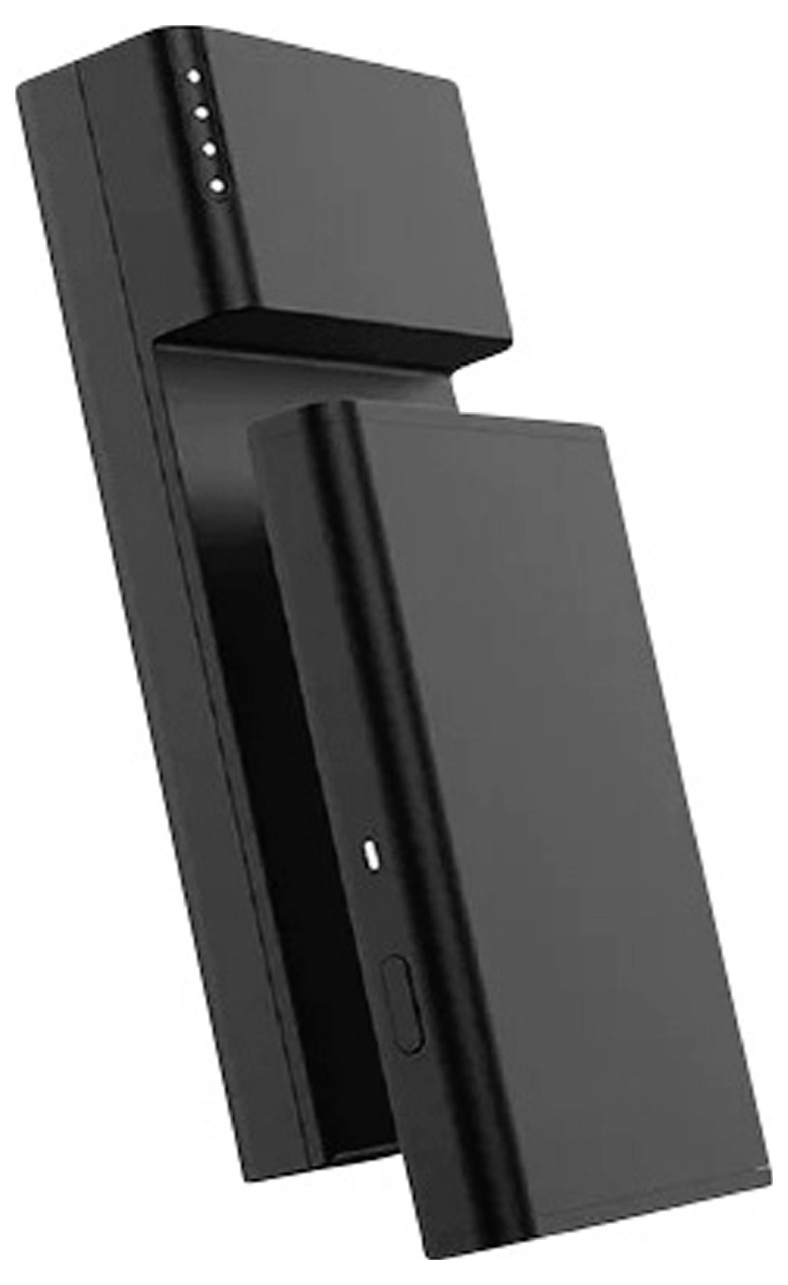 Een zwart, rechthoekig apparaat met een verwijderbare component en LED-display, geschikt voor gebruik als draagbare oplader.