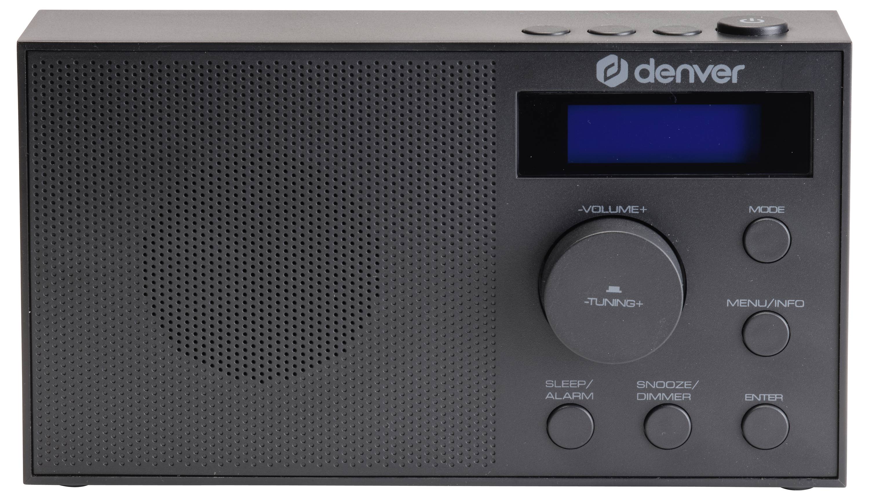 Compacte zwarte digitale radio met volumeregelaar, afstemknop en display aan de rechterkant, merklogo rechtsboven.