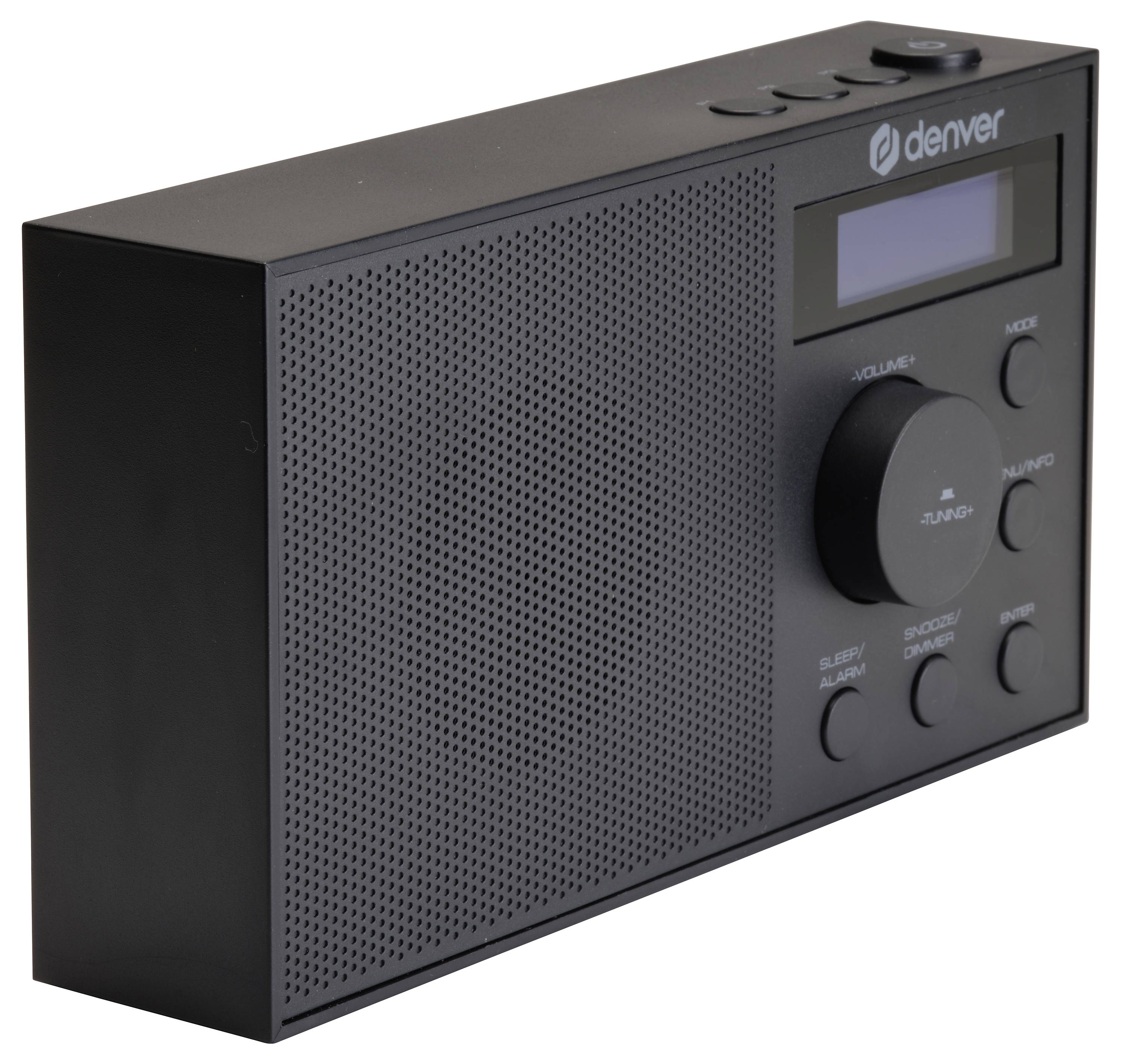 Zwarte draagbare radio met speaker, grote volumeregelaar en display. 'Denver' merk herkenbaar rechtsboven.