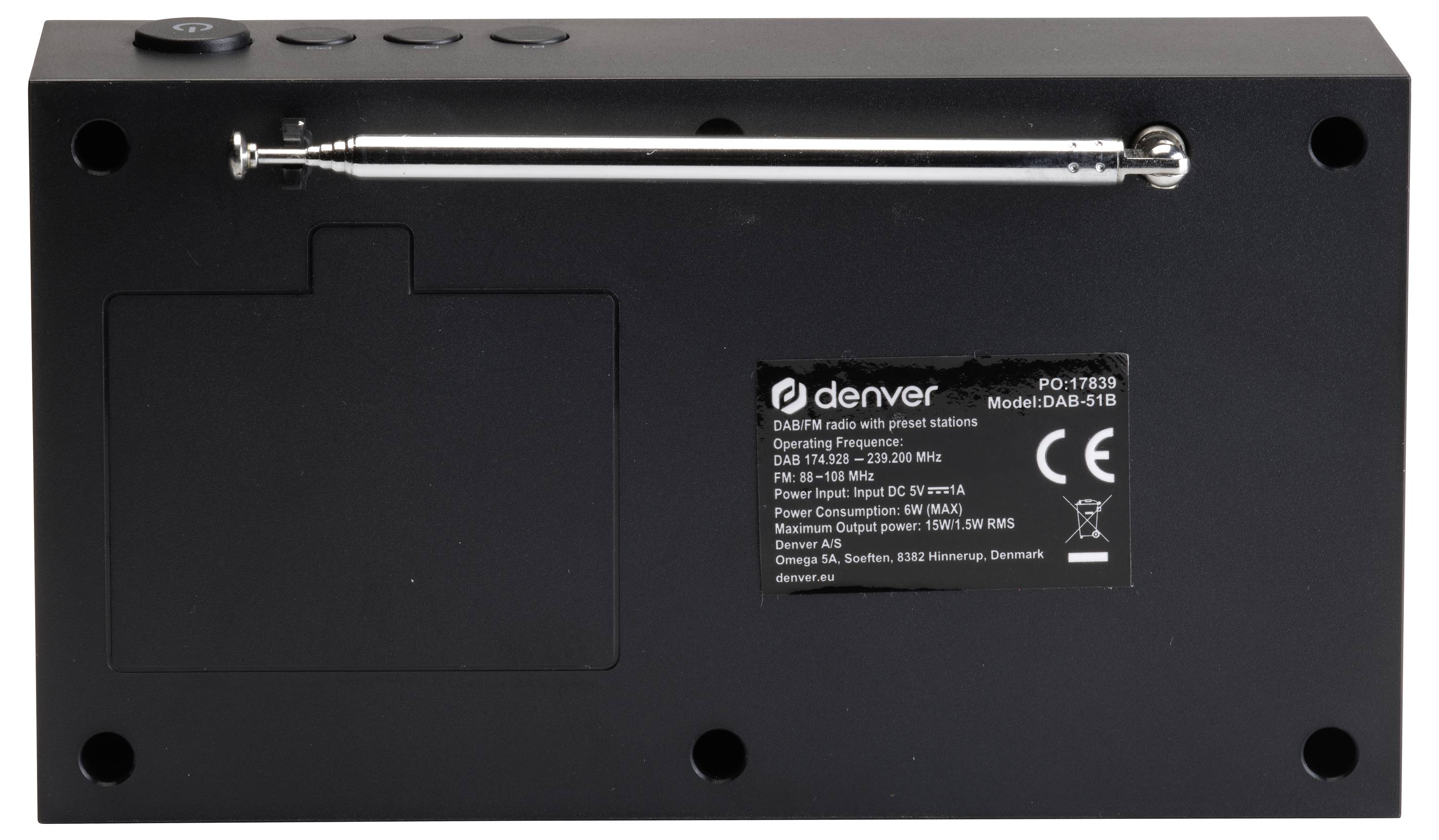 Achteraanzicht van een zwart DAB-radio van Denver met uittrekbare antenne en productinformatie op een etiket.
