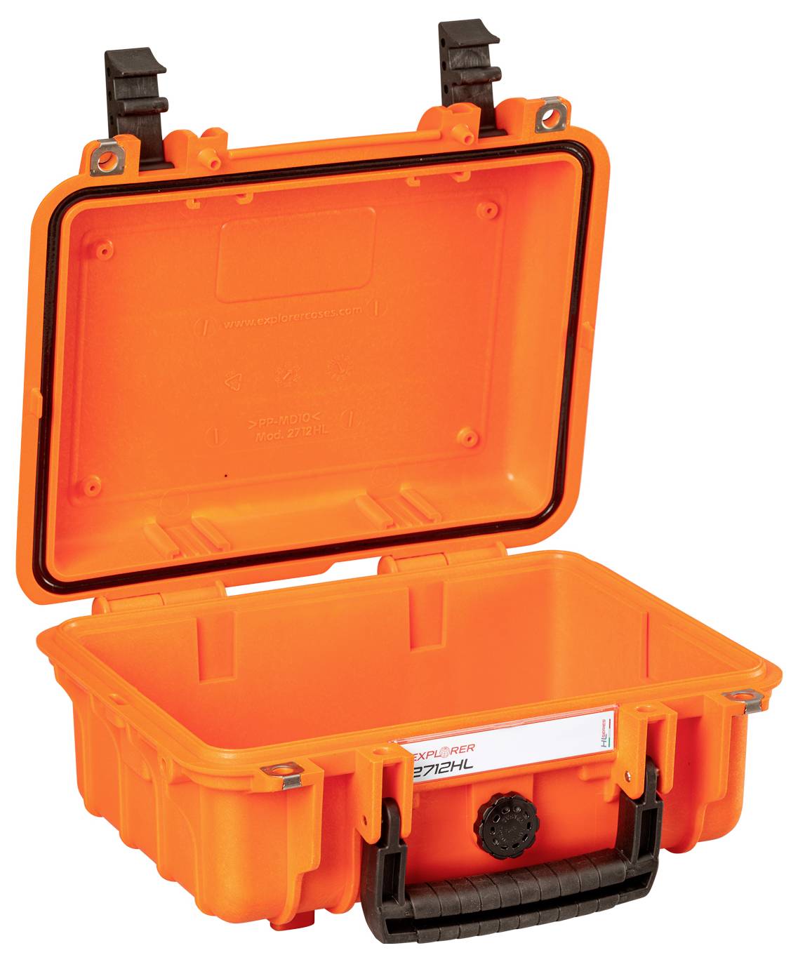 Een open, oranje beschermkoffer met twee zwarte sluitingen en een handvat, geschikt voor transport en opslag.