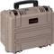 Robuuste, zandkleurige koffer met zwarte handgreep, geschikt voor transport en bescherming van gevoelige apparatuur.