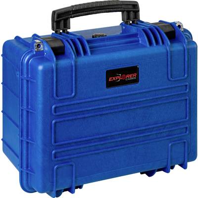 Blauwe, robuuste koffer met zwarte handgreep en de tekst 'Explorer Cases' op de voorkant. Ideaal voor veilig transport.