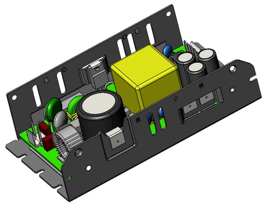 Elektronische schakelmodule in een rechthokkige behuizing, met grote condensatoren en een gele transformator in het midden.