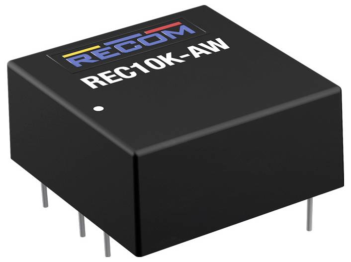 Schwarzer REC10K-AW spanningstransformator van RECOM met metalen inzetstukken voor montage op printplaat.