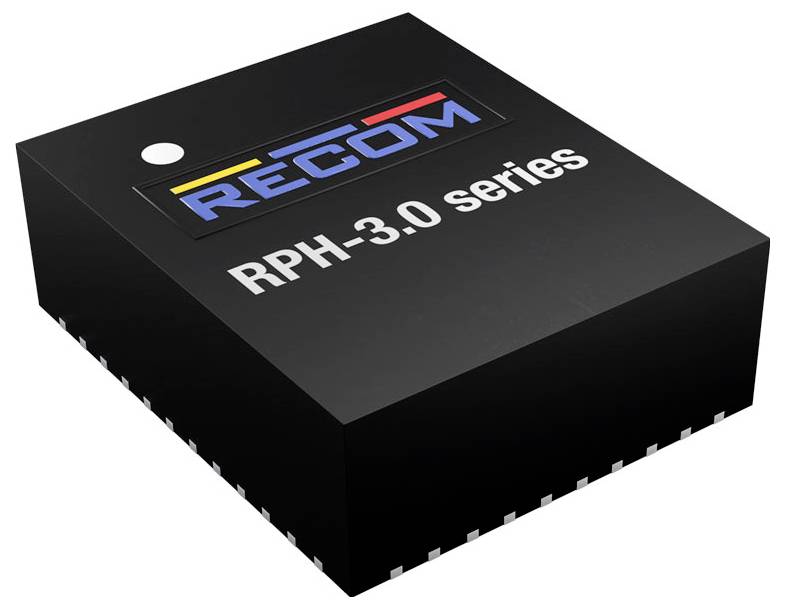 Zwarte elektronische component met het opschrift 'RECOM RPH-3.0 serie', toont een technisch product voor elektronische toepassingen.