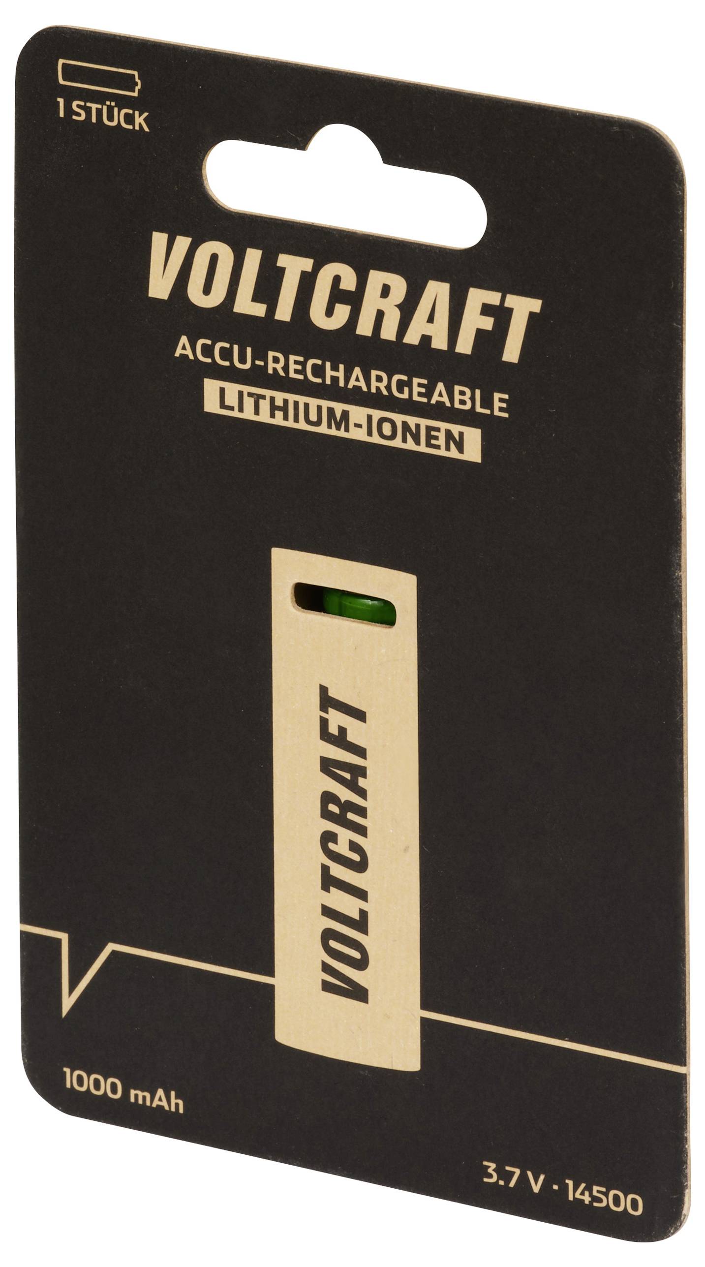 Voltcraft lithium-ion-accu, 3,7 V, 14500, 1000 mAh, op zwarte verpakking met groen zichtvenster.
