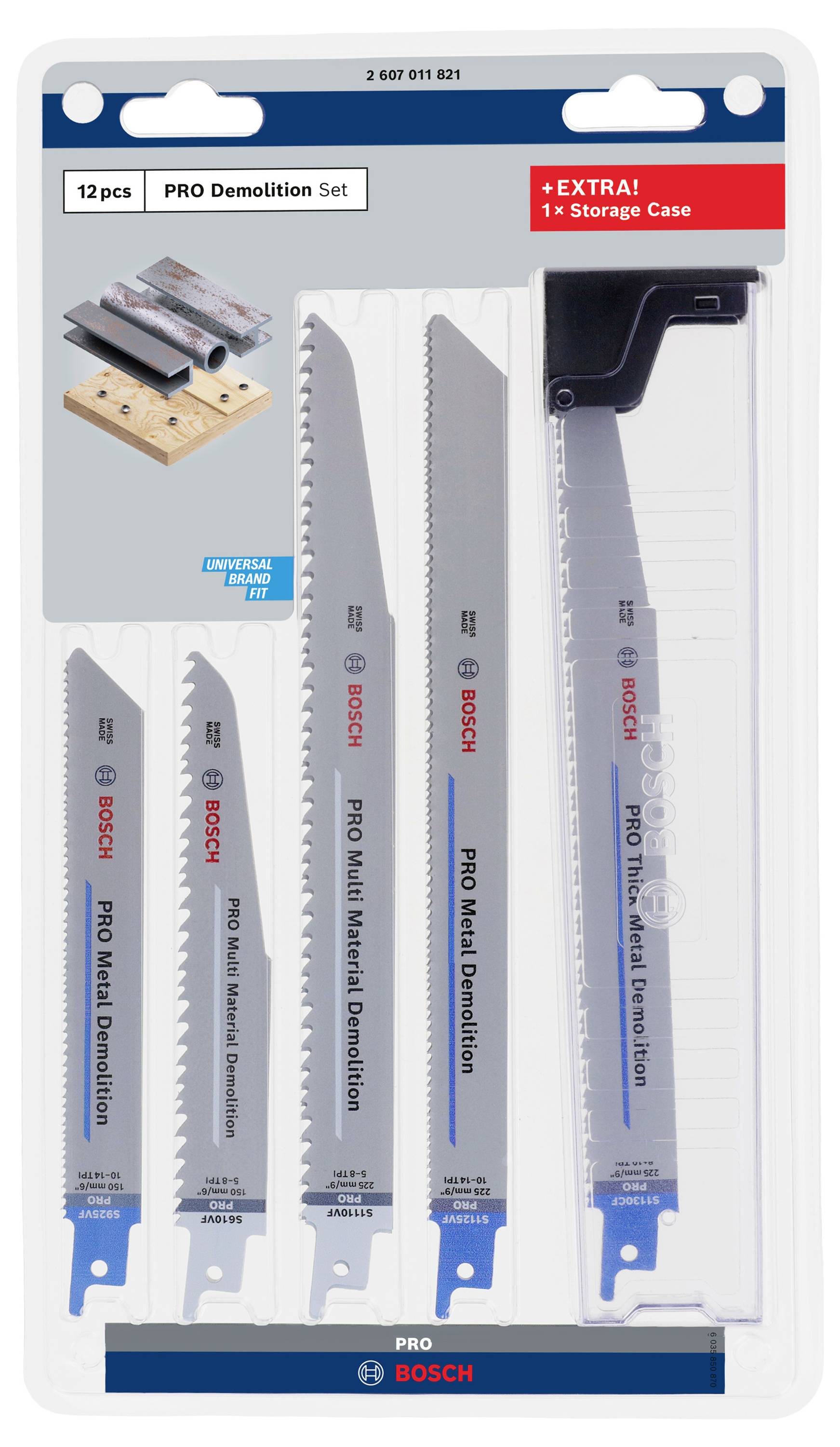 'Bosch PRO Sloopset' bestaande uit 12 zaagbladen voor verschillende materialen. Inclusief opbergdoos.