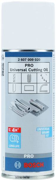 Een spuitbus 'Bosch Pro Universal Cutting Oil', geschikt voor langdurig snijden, toont symbolen voor verschillende snijapplicaties.