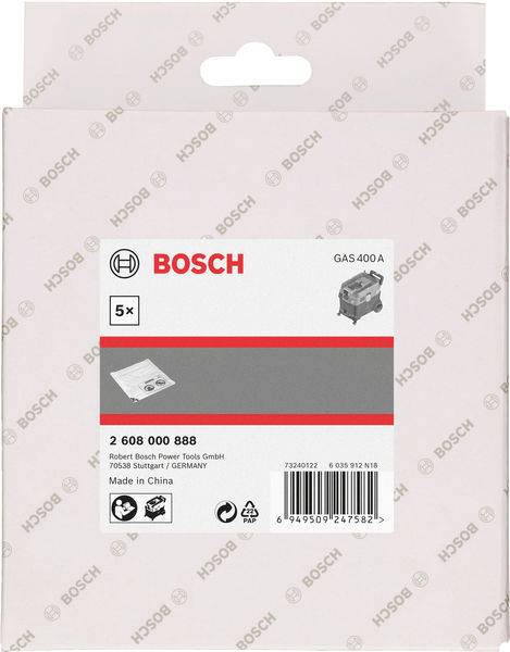 'Bosch GAS 4000 A stofzuigerzakken, 5 stuks, compatibel met verschillende Bosch stofzuigers, gefabriceerd in China.'