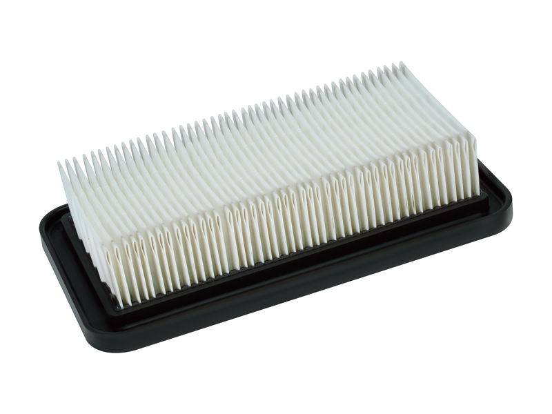 Rechthoekig, wit luchtfilter met plooien op een zwarte rand. Wordt vaak gebruikt in stofzuigers of luchtzuiveraars.