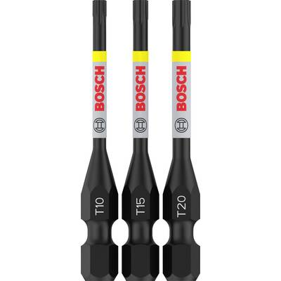 'Drie zwarte Bosch-schroevendraaier-bits met opschrift: T10, T15, T20. Ze zijn geschikt voor Torx-schroefkoppen en liggen op een rij.'
