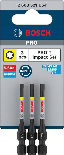 'Bosch PRO T Impact Set', bevat 3 schroefbits (T10, T15, T20) met hoge robuustheid en universele pasvorm.