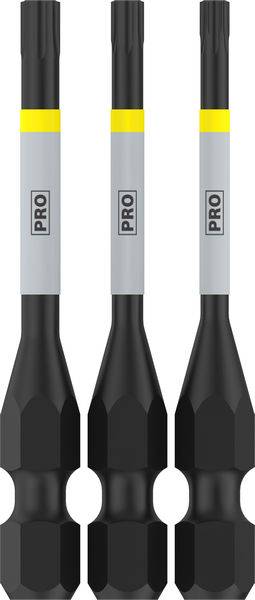 Drie zwarte en grijze schroevendraaier-opzetstukken met een gele ring, rechtop naast elkaar gezet. Gemarkeerd met 'PRO'.